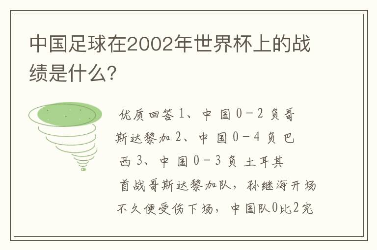 中国足球在2002年世界杯上的战绩是什么?