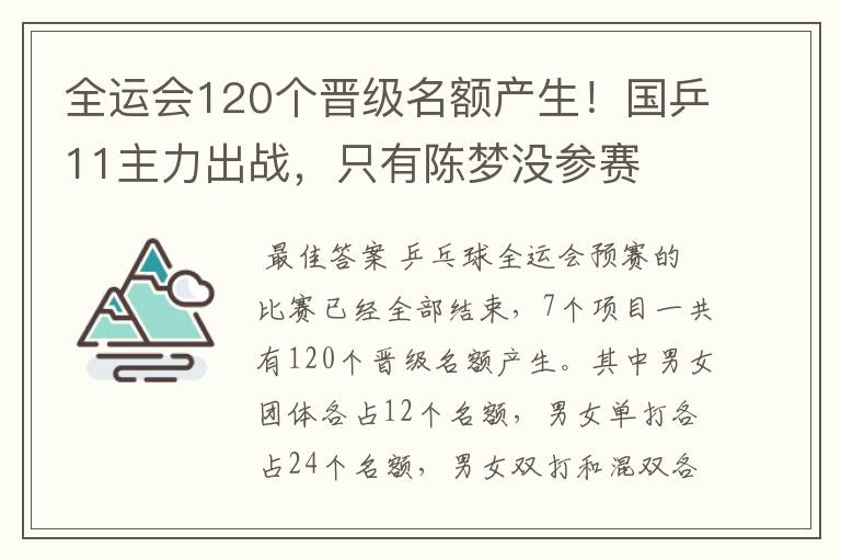 全运会120个晋级名额产生!国乒11主力出战,只有陈梦没参赛