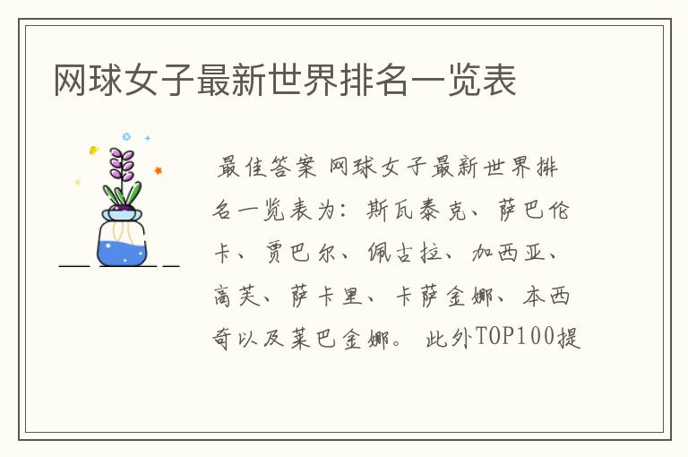 网球女子最新世界排名一览表