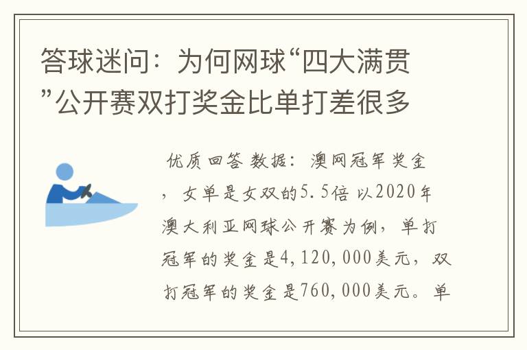 答球迷问:为何网球“四大满贯”公开赛双打奖金比单打差很多?