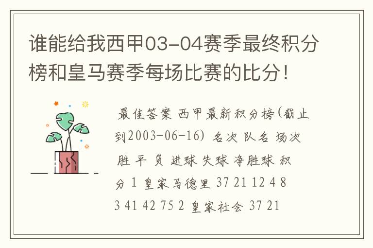 谁能给我西甲03-04赛季最终积分榜和皇马赛季每场比赛的比分!