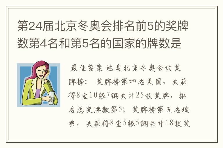 第24届北京冬奥会排名前5的奖牌数第4名和第5名的国家的牌数是多少?