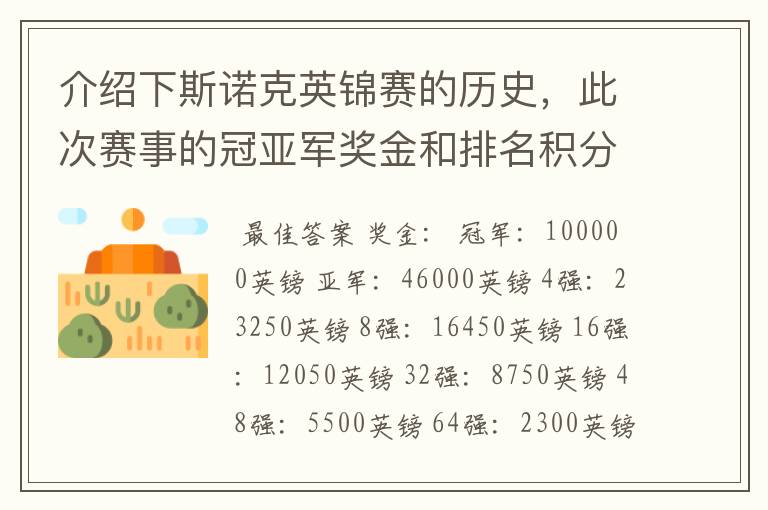 介绍下斯诺克英锦赛的历史,此次赛事的冠亚军奖金和排名积分各是多少?