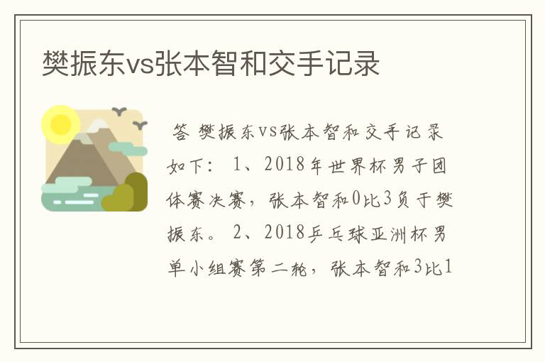 樊振东vs张本智和交手记录