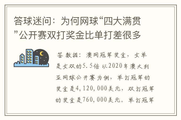 答球迷问:为何网球“四大满贯”公开赛双打奖金比单打差很多?
