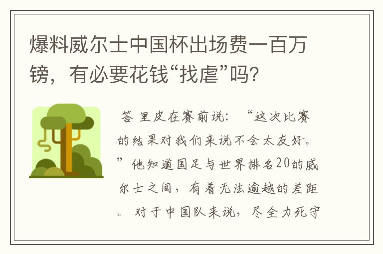 爆料威尔士中国杯出场费一百万镑,有必要花钱“找虐”吗?