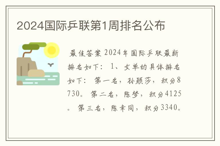 2024国际乒联第1周排名公布