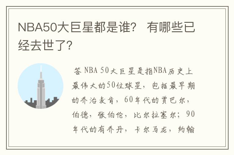 NBA50大巨星都是谁? 有哪些已经去世了?