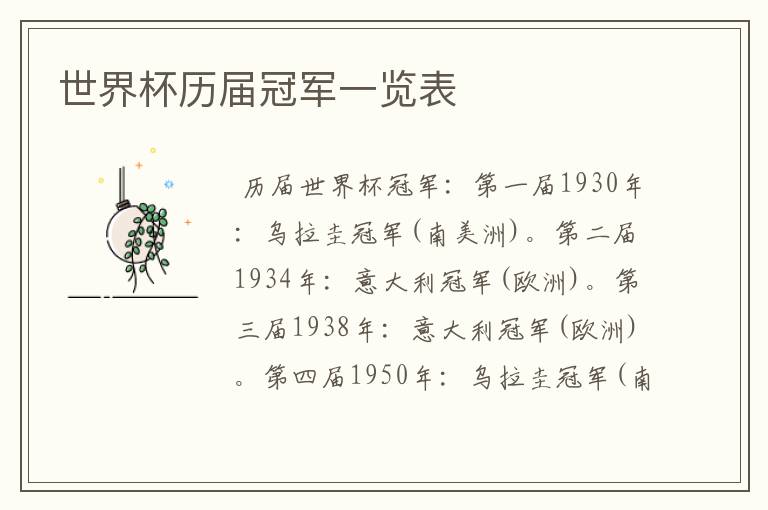 世界杯历届冠军一览表