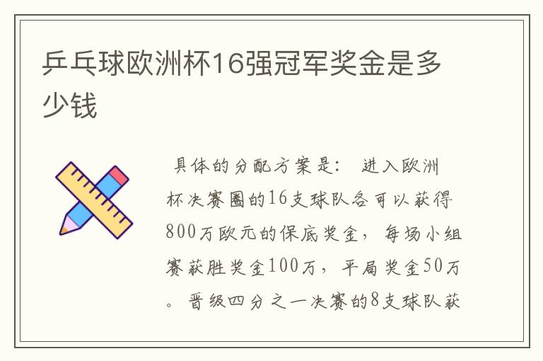 乒乓球欧洲杯16强冠军奖金是多少钱