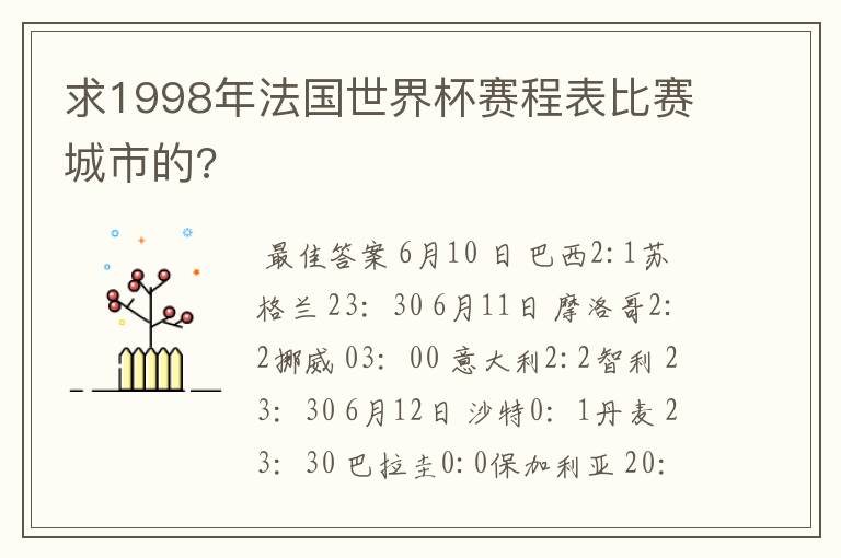 求1998年法国世界杯赛程表比赛城市的?