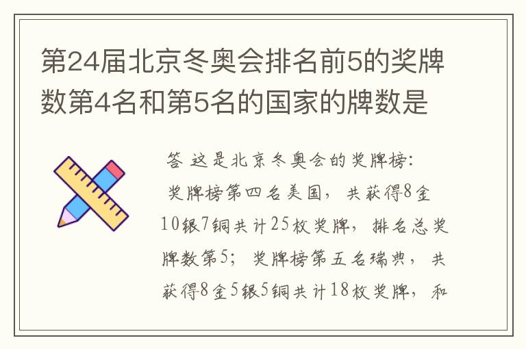第24届北京冬奥会排名前5的奖牌数第4名和第5名的国家的牌数是多少?