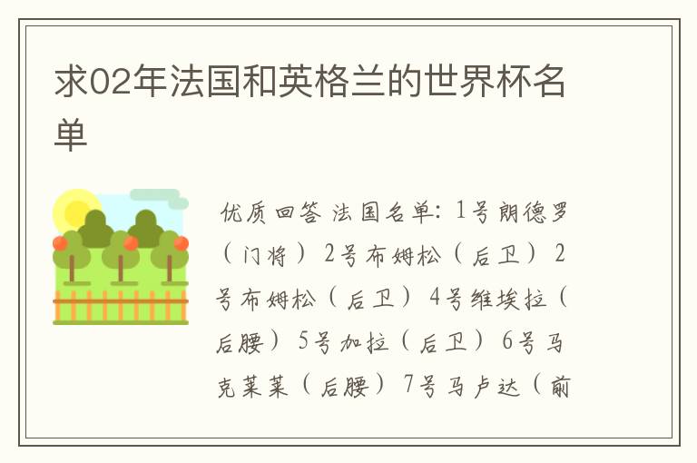 求02年法国和英格兰的世界杯名单