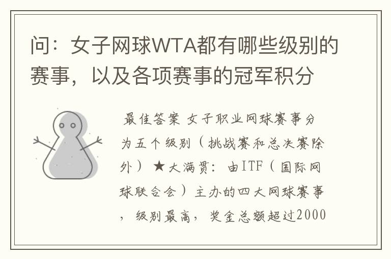 问:女子网球WTA都有哪些级别的赛事,以及各项赛事的冠军积分,求解
