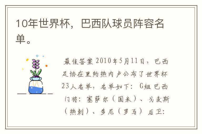 10年世界杯，巴西队球员阵容名单。