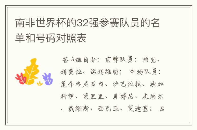 南非世界杯的32强参赛队员的名单和号码对照表