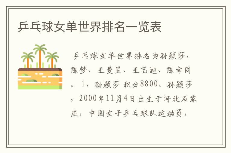 乒乓球女单世界排名一览表