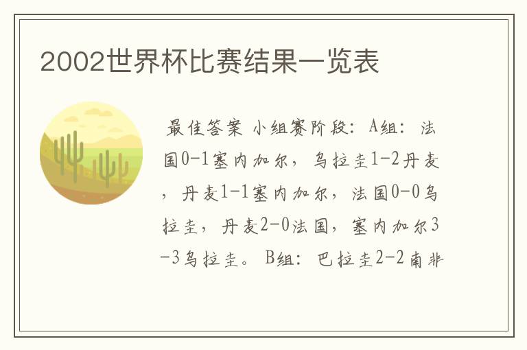 2002世界杯比赛结果一览表
