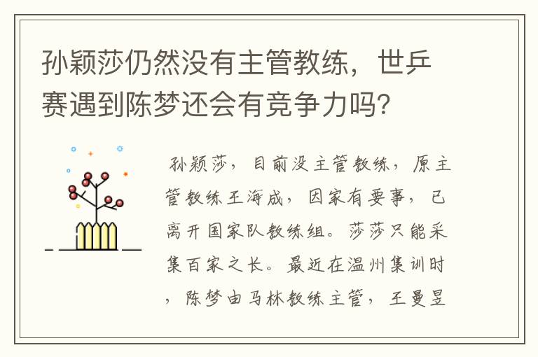 孙颖莎仍然没有主管教练，世乒赛遇到陈梦还会有竞争力吗？