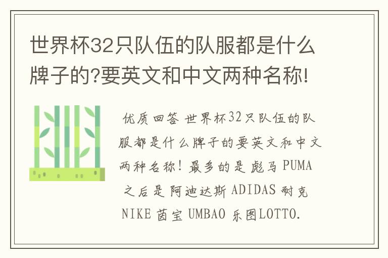 世界杯32只队伍的队服都是什么牌子的?要英文和中文两种名称!