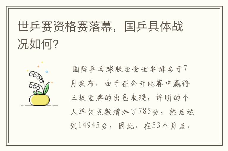 世乒赛资格赛落幕,国乒具体战况如何?
