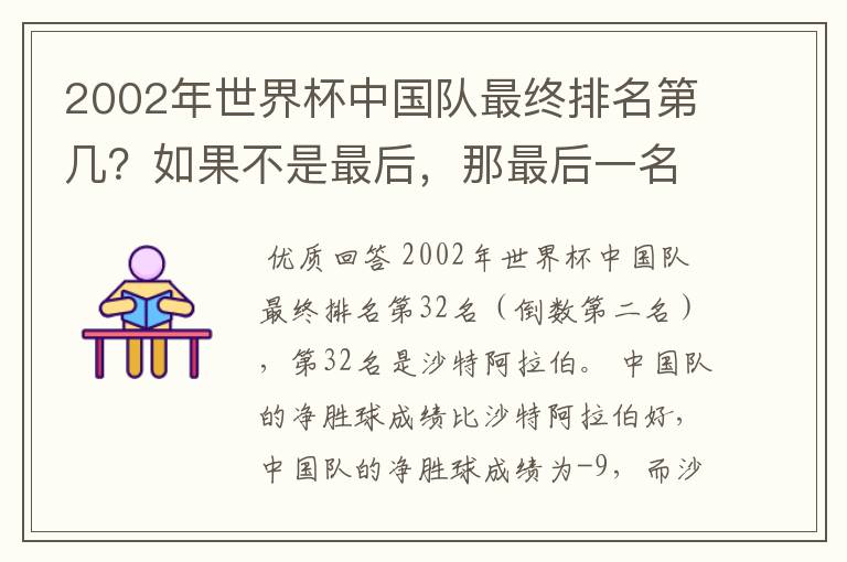 2002年世界杯中国队最终排名第几?如果不是最后,那最后一名32名是谁?