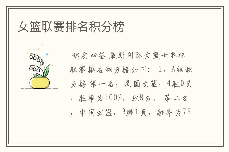 女篮联赛排名积分榜