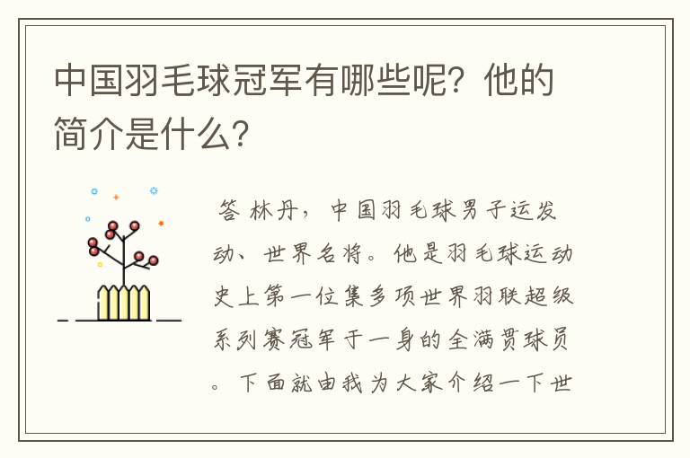中国羽毛球冠军有哪些呢?他的简介是什么?