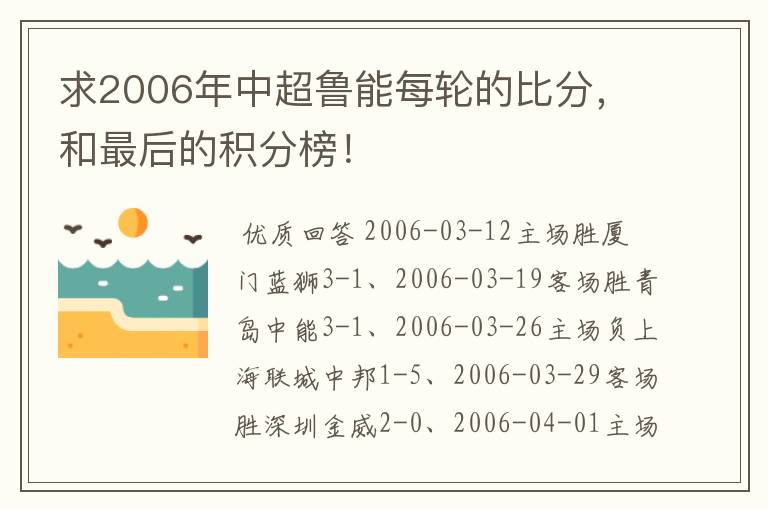求2006年中超鲁能每轮的比分,和最后的积分榜!