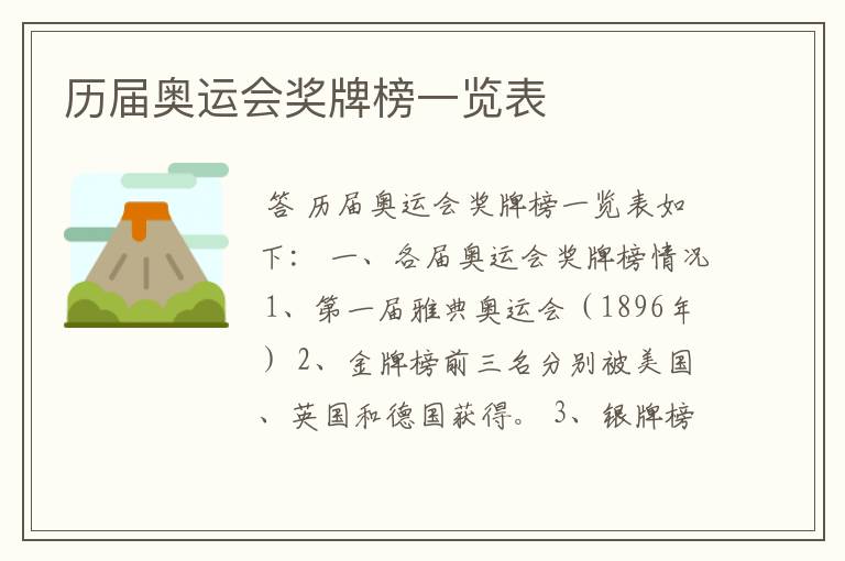 历届奥运会奖牌榜一览表