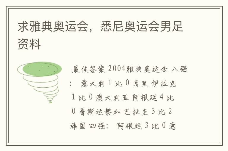 求雅典奥运会,悉尼奥运会男足资料