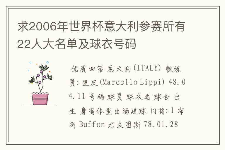 求2006年世界杯意大利参赛所有22人大名单及球衣号码