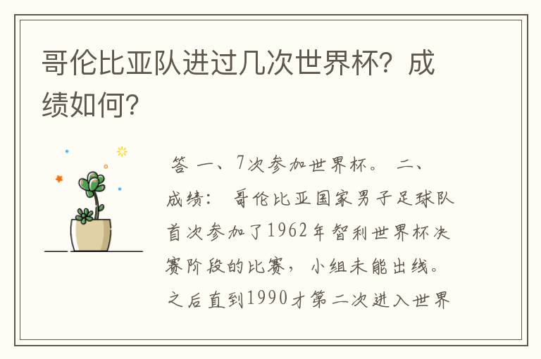 哥伦比亚队进过几次世界杯?成绩如何?