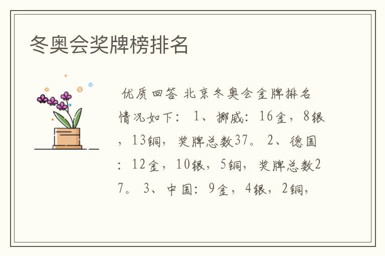 冬奥会奖牌榜排名