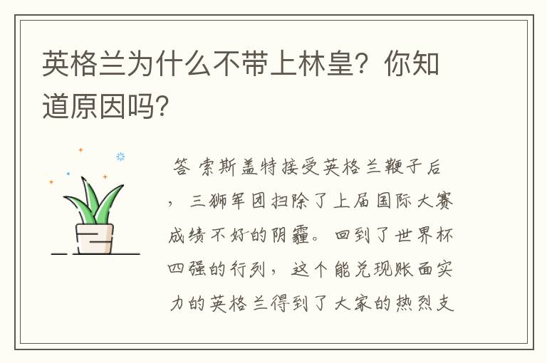 英格兰为什么不带上林皇？你知道原因吗？