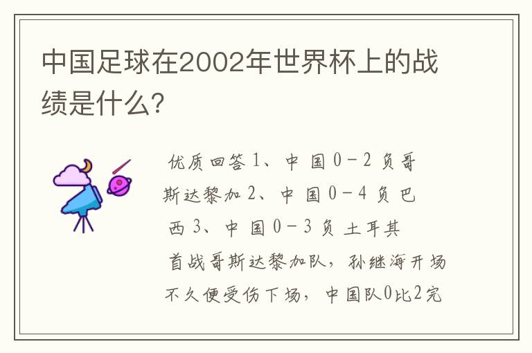 中国足球在2002年世界杯上的战绩是什么?
