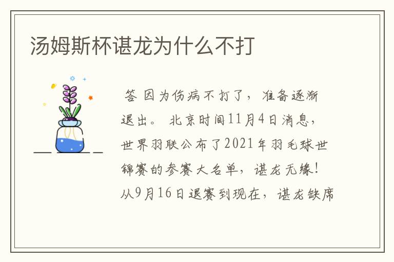 汤姆斯杯谌龙为什么不打