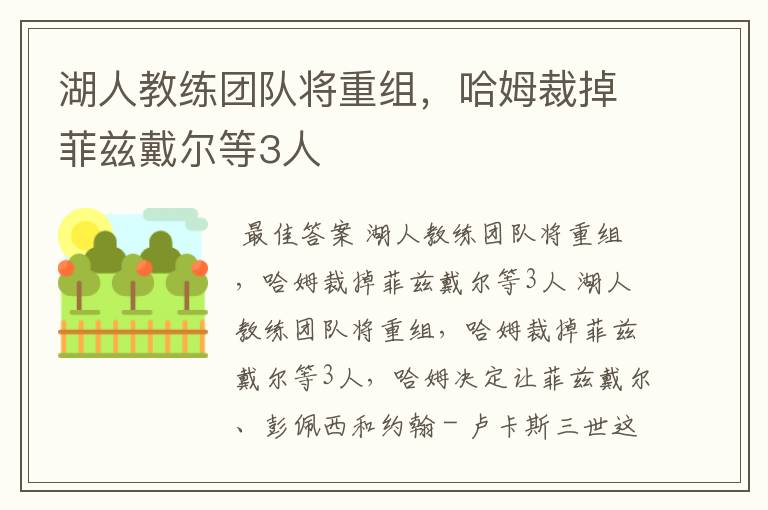 湖人教练团队将重组,哈姆裁掉菲兹戴尔等3人