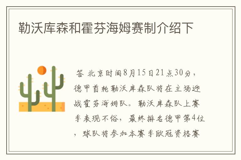 勒沃库森和霍芬海姆赛制介绍下
