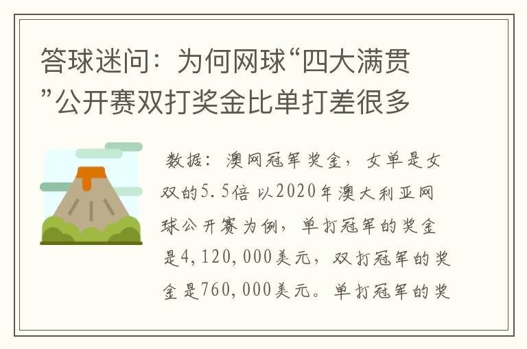 答球迷问:为何网球“四大满贯”公开赛双打奖金比单打差很多?