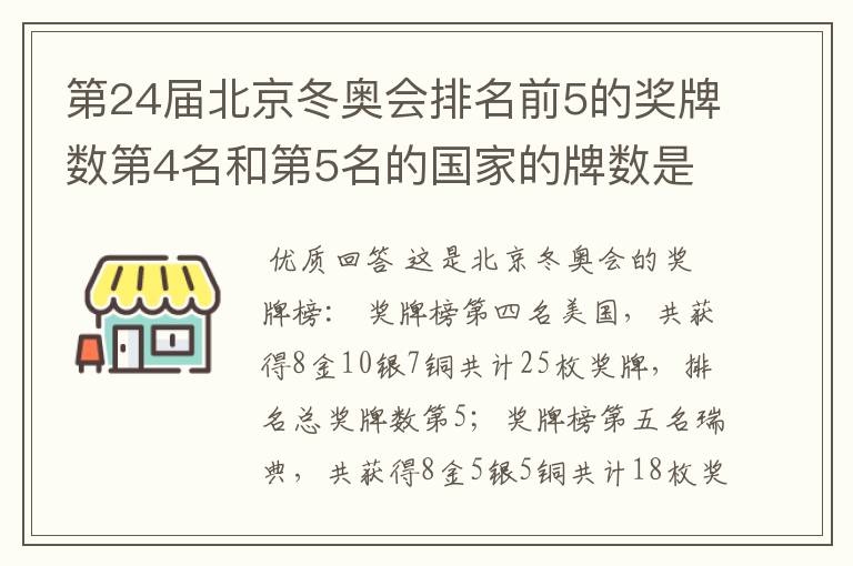 第24届北京冬奥会排名前5的奖牌数第4名和第5名的国家的牌数是多少?