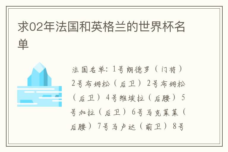 求02年法国和英格兰的世界杯名单