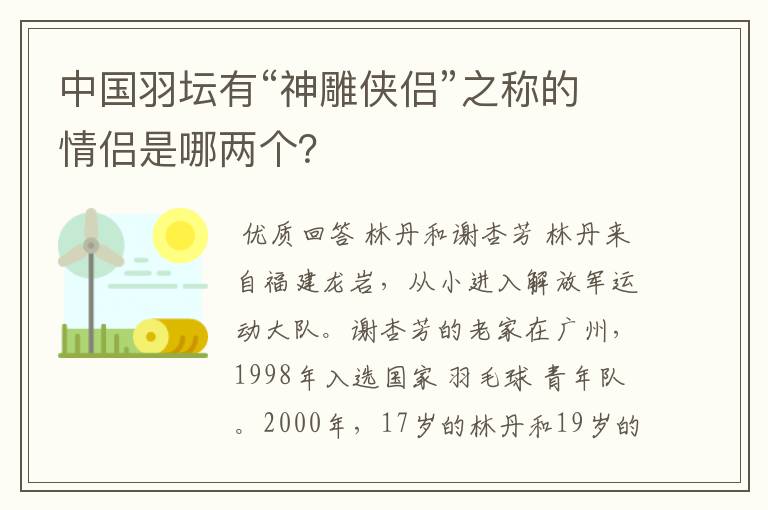 中国羽坛有“神雕侠侣”之称的情侣是哪两个?