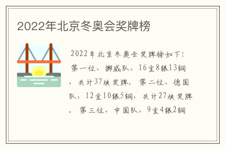 2022年北京冬奥会奖牌榜