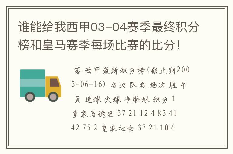 谁能给我西甲03-04赛季最终积分榜和皇马赛季每场比赛的比分!