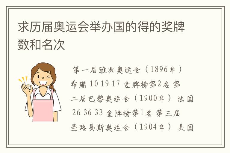 求历届奥运会举办国的得的奖牌数和名次