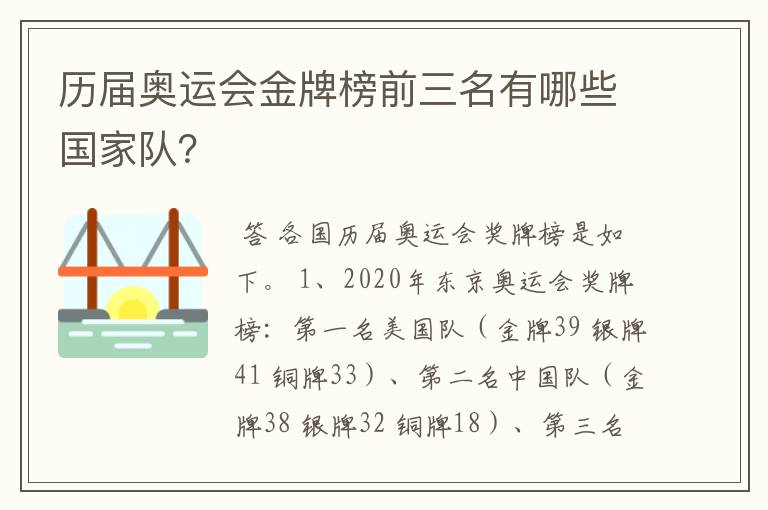 历届奥运会金牌榜前三名有哪些国家队?