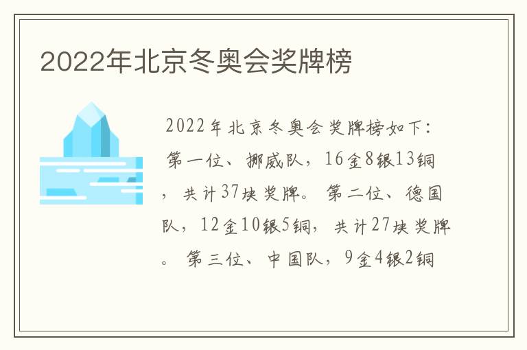 2022年北京冬奥会奖牌榜