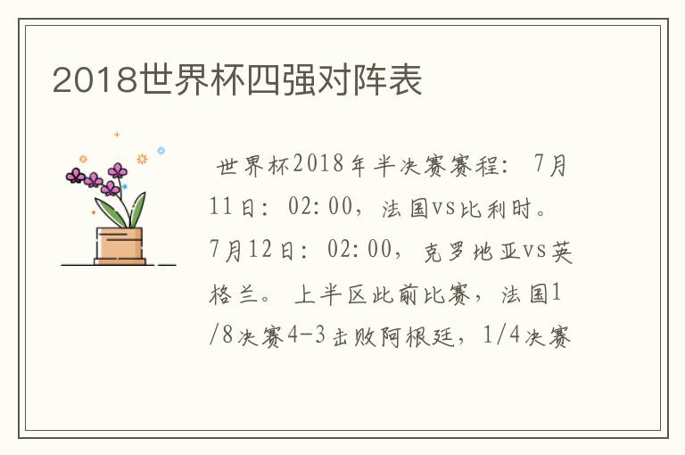 2018世界杯四强对阵表