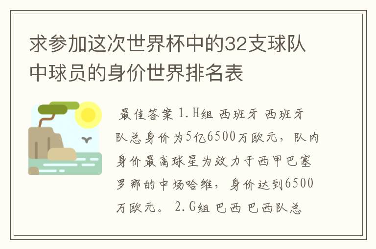 求参加这次世界杯中的32支球队中球员的身价世界排名表